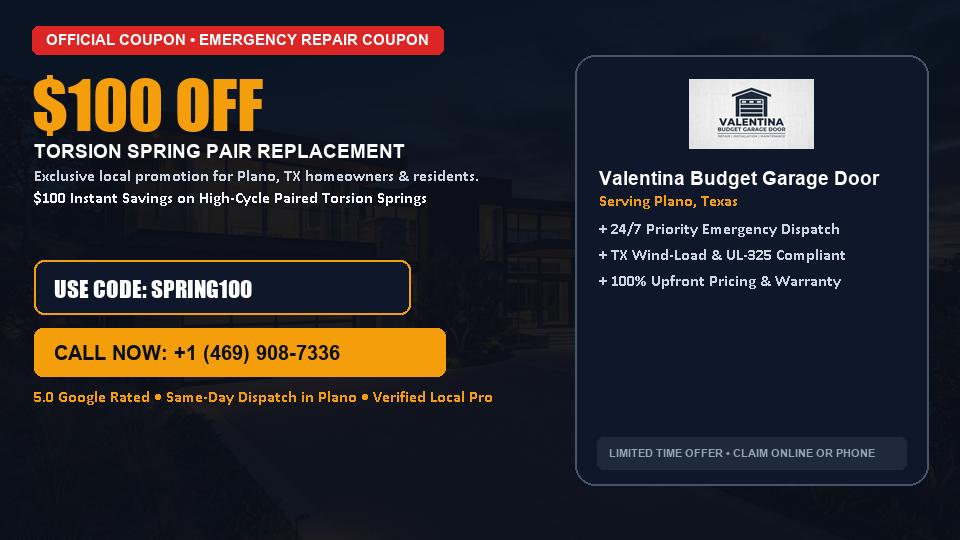 $100 OFF Dual High-Cycle Torsion Spring Replacement in Plano, TX - Valentina Budget Garage Door