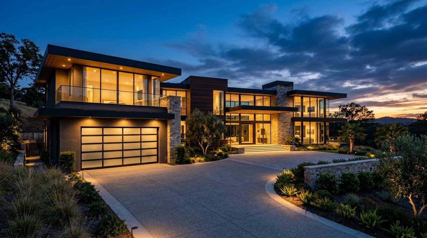 Valentina Budget Garage Door Exterior Closed Garage Door at Twilight